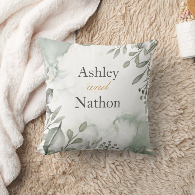 Eucalyptus green & gold watercolour Wedding Cushion (Blanket)