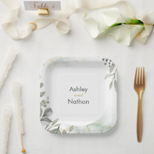 Eucalyptus green & gold watercolour Wedding Paper Plate