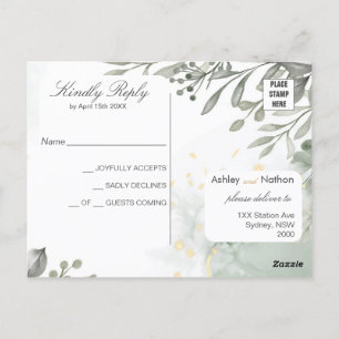 Eucalyptus green & gold watercolour Wedding Postcard