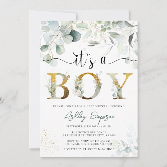 Eucalyptus Green It's A Boy Baby Shower Invitation (Front)