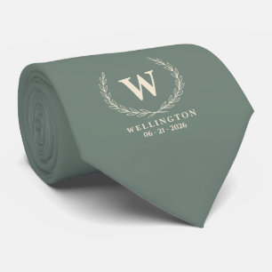 Eucalyptus Green Ivory Laurel Monogram Wedding Tie