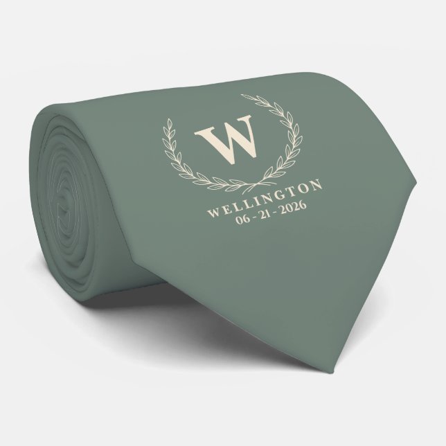 Eucalyptus Green Ivory Laurel Monogram Wedding Tie (Rolled)