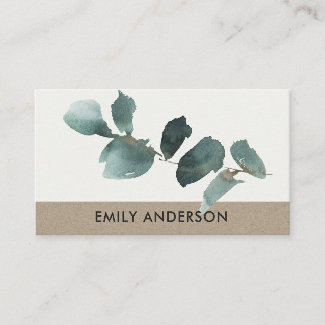 EUCALYPTUS GREEN KRAFT FOLIAGE BRANCH WATERCOLOR BUSINESS CARD (Front)