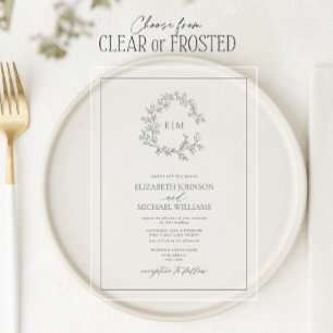 Eucalyptus Green Leafy Crest Monogram Wedding Acrylic Invitations