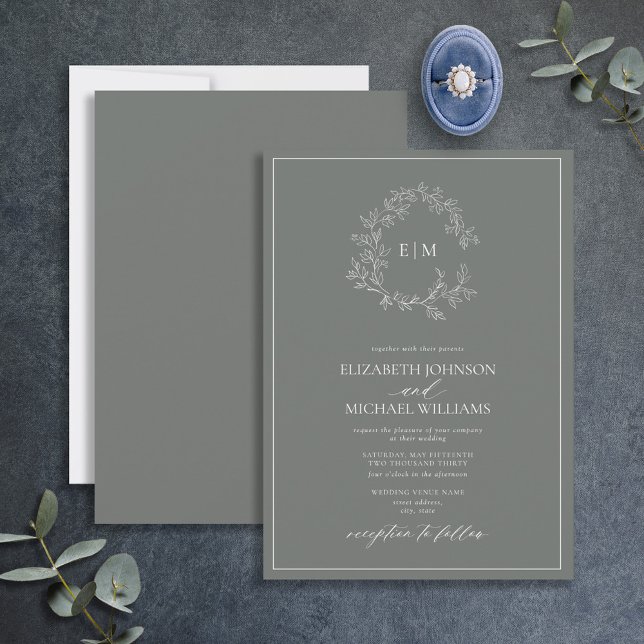 Eucalyptus Green Leafy Crest Monogram Wedding Invitation (Creator Uploaded)