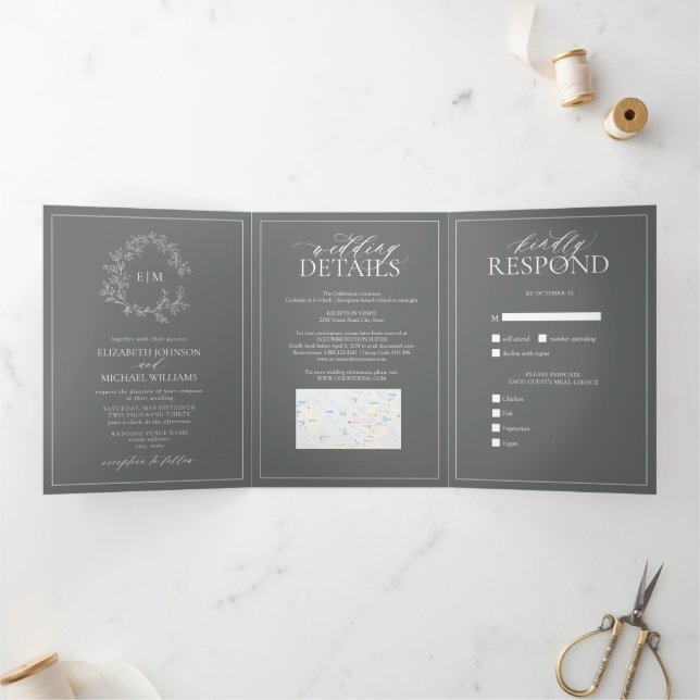 Eucalyptus Green Leafy Crest Monogram Wedding Tri-Fold Invitation (Inside)