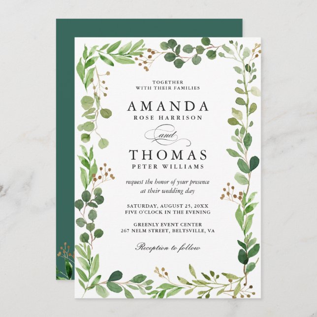 Eucalyptus Green Leaves Border Frame Chic Wedding Invitation (Front/Back)