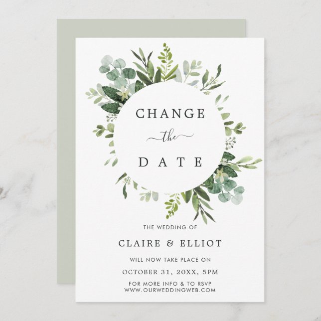 Eucalyptus Green Leaves Change the Date Wedding Invitation (Front/Back)