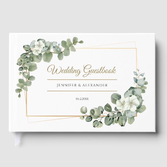 Eucalyptus Green Leaves | Greenery Gold Wedding Guest Book (Front)