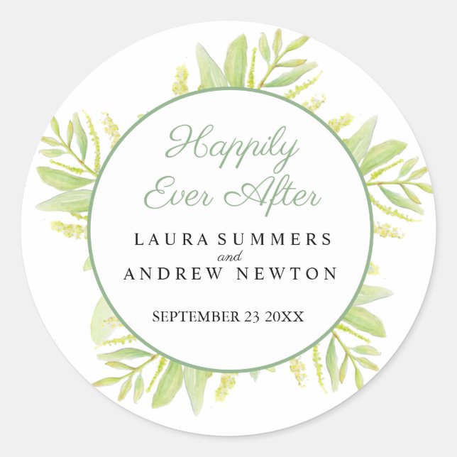 Eucalyptus green leaves happily ever after classic round sticker (Front)