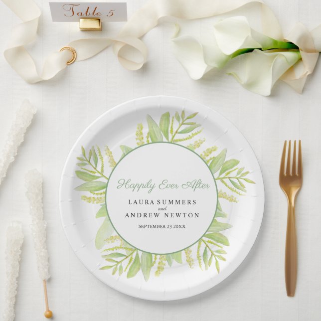 Eucalyptus green leaves happily ever after paper plate (Wedding)