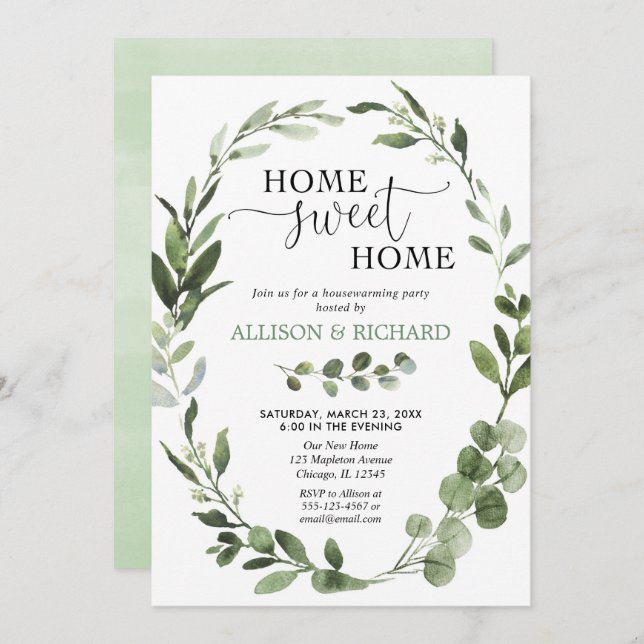 Eucalyptus green leaves housewarming party invitation (Front/Back)