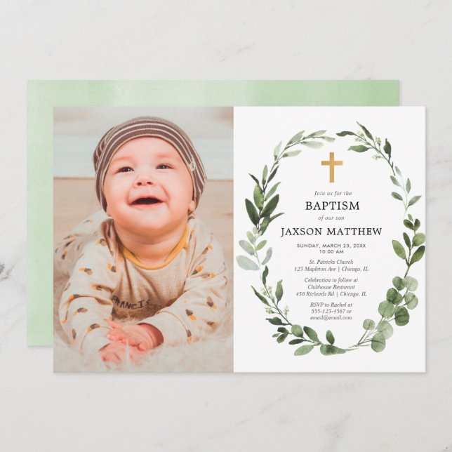 Eucalyptus green leaves simple baptism photo invitation (Front/Back)