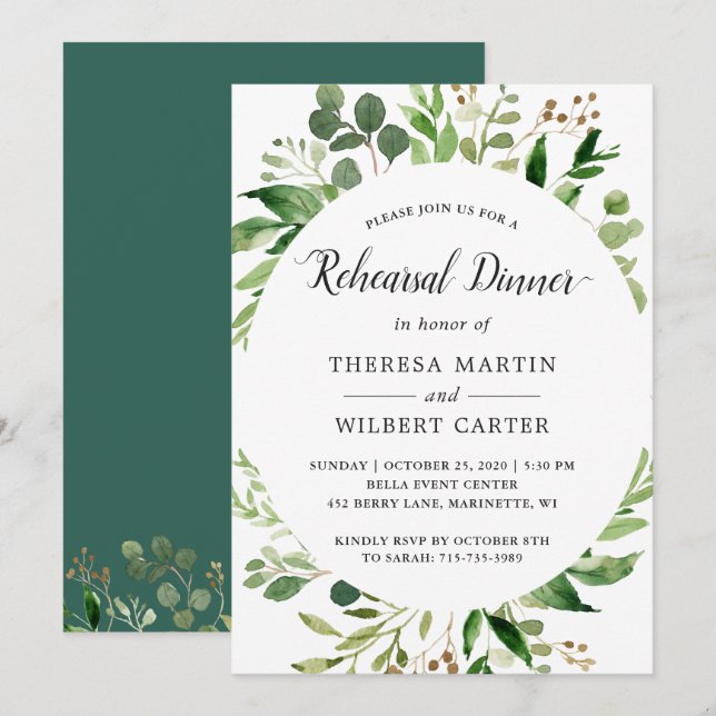 Eucalyptus Green Leaves Wedding Rehearsal Dinner Invitation (Front/Back)