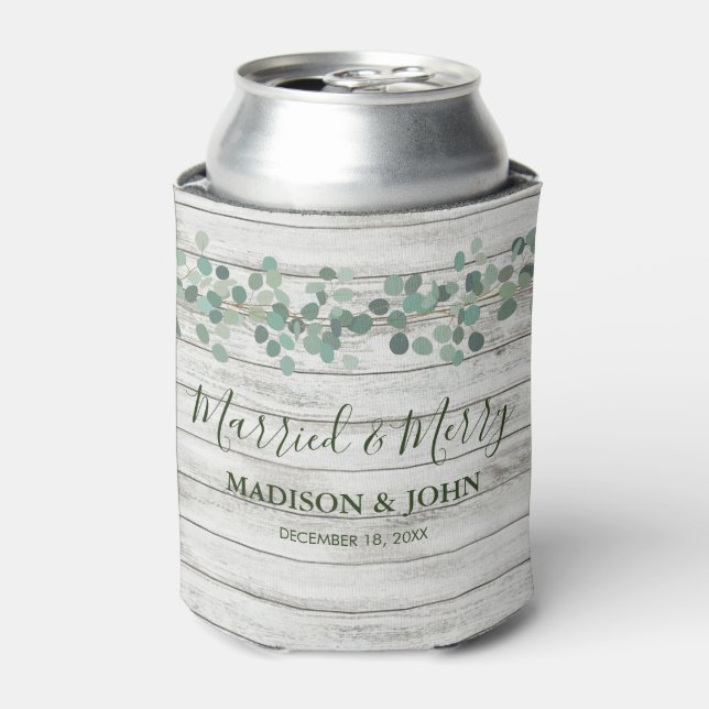 Eucalyptus  Green Married and Merry Wedding Beer Can Cooler (Can Front)