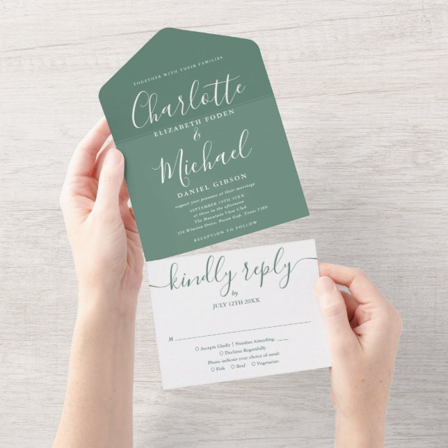 Eucalyptus Green Modern Signature Script Wedding All In One Invitation (Tearaway)