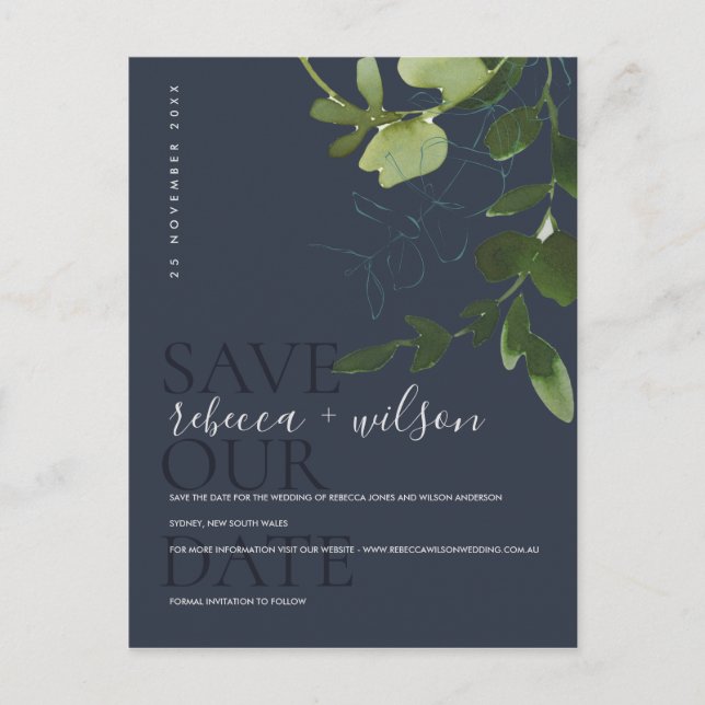 EUCALYPTUS GREEN NAVY WATERCOLOR SAVE THE DATE ANNOUNCEMENT POSTCARD (Front)