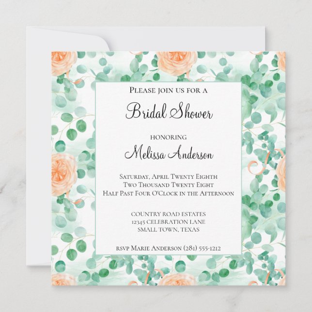 Eucalyptus Green Peach Bridal Shower Invitation (Front)