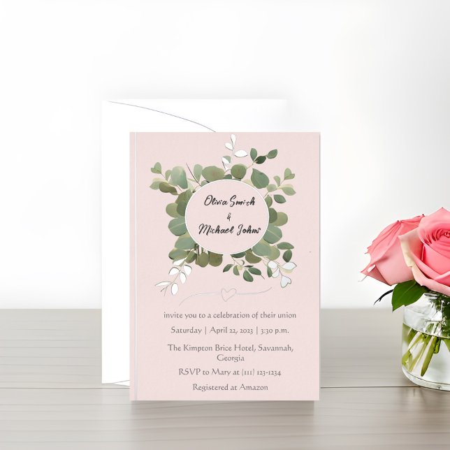 Eucalyptus Green Pink Silver Wedding Invitation (Creator Uploaded)