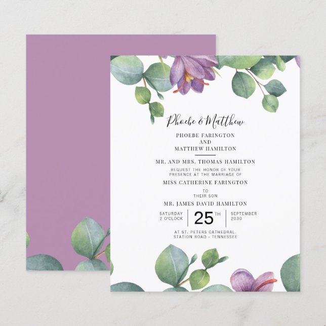 Eucalyptus Green Purple Foliage Wedding Invitation (Front/Back)