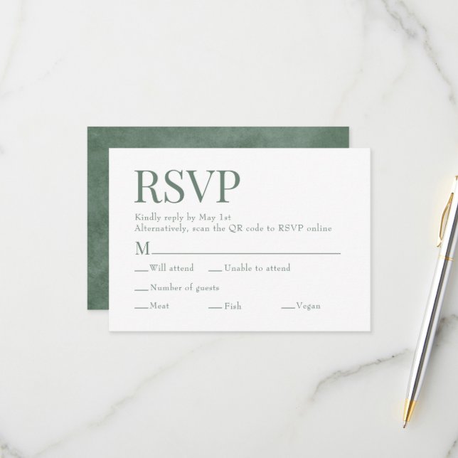 Eucalyptus Green Scan Qr Code Meal Choice Wedding RSVP Card (Front/Back In Situ)
