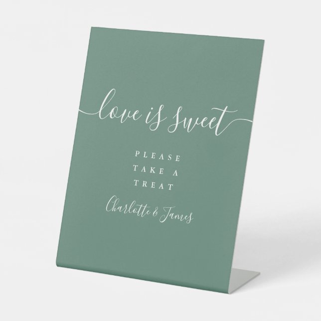 Eucalyptus Green Script Love Is Sweet Favour Pedestal Sign (Front)