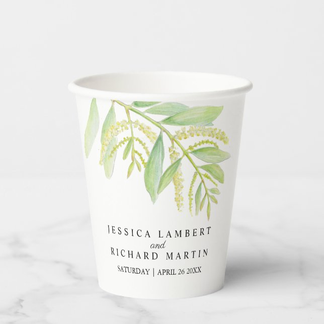 Eucalyptus green watercolor botanical wedding paper cups (Front)