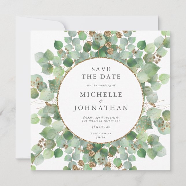 Eucalyptus Green Watercolor & Gold Wedding Save The Date (Front)