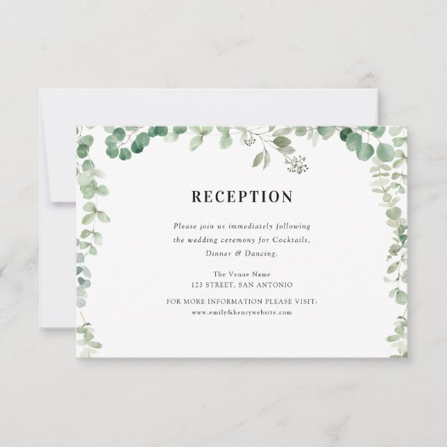 eucalyptus green wedding reception card (Front)