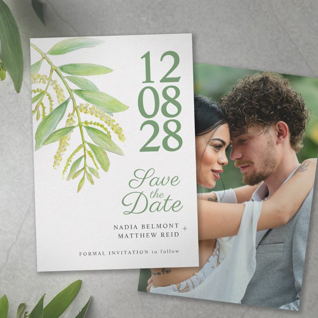 Eucalyptus green white photo wedding save the date (Creator Uploaded)