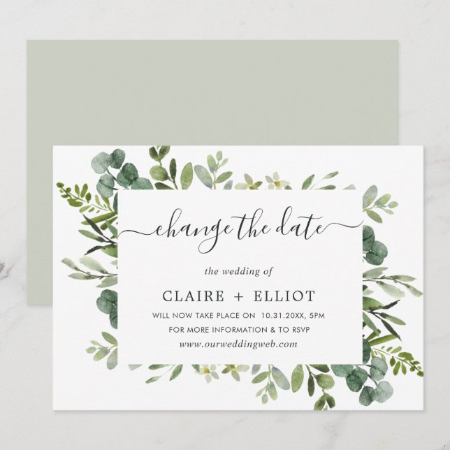 Eucalyptus Green Wreath Change the Date Wedding Invitation (Front/Back)
