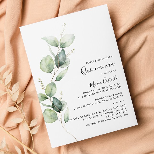 Eucalyptus Greenery 15th Birthday Quinceanera Invitation (15th Birthday Party Quinceanera Eucalyptus Invitation)