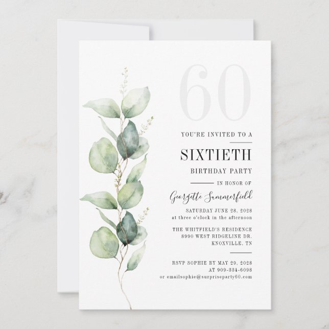 Eucalyptus Greenery 60th Birthday Party Invitation (Front)