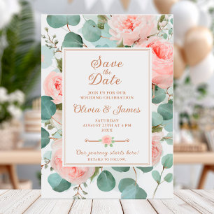 Eucalyptus greenery and blush peonies save the dat invitation