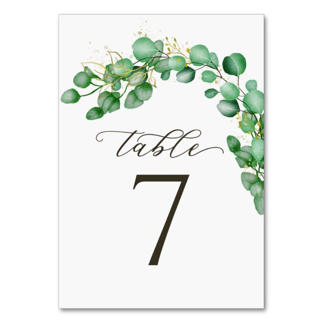 Eucalyptus Greenery and Elegant Script Wedding Table Number (Front)