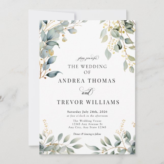 Eucalyptus Greenery and Gold Wedding Invitations (Front)
