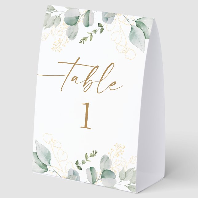 Eucalyptus Greenery and Gold Wedding Table Number (Front)