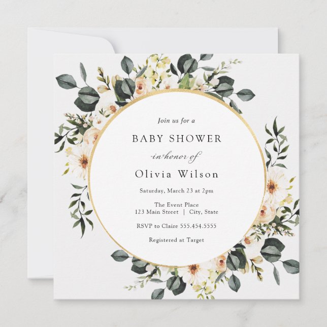 Eucalyptus Greenery and Ivory Floral Baby Shower Invitation (Front)