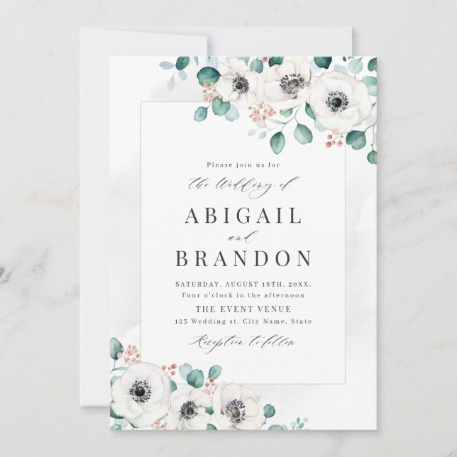 Eucalyptus greenery anemone floral rustic wedding  invitation (Front)