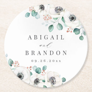 Eucalyptus Greenery anemone floral rustic wedding  Round Paper Coaster