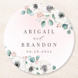 Eucalyptus Greenery anemone floral rustic wedding Round Paper Coaster