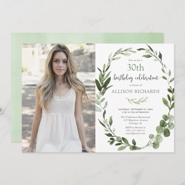 Eucalyptus greenery any age adult birthday photo invitation (Front/Back)