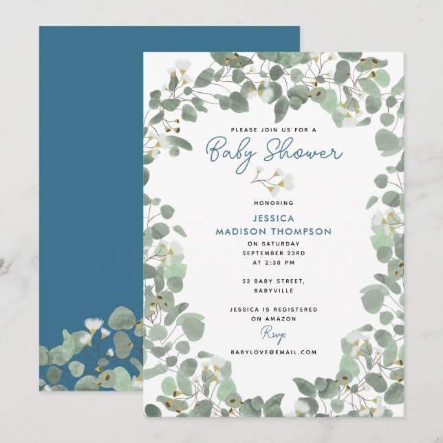 Eucalyptus Greenery Baby Boy Blue Baby Shower Invitation (Front/Back)