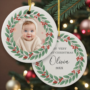 Eucalyptus Greenery Baby First Christmas Photo Ceramic Tree Decoration