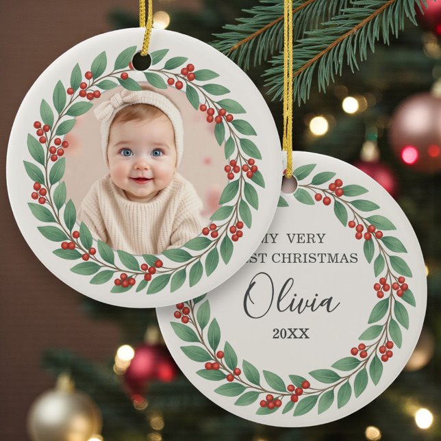 Eucalyptus Greenery Baby First Christmas Photo Ceramic Tree Decoration (Creator Uploaded)