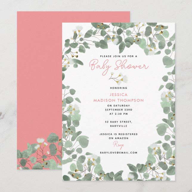 Eucalyptus Greenery Baby Girl Pink Baby Shower Invitation (Front/Back)