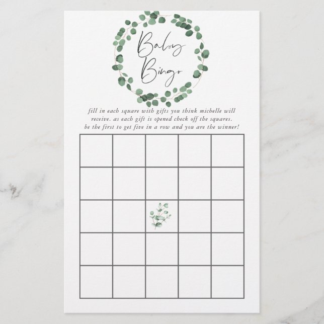 Eucalyptus Greenery Baby Shower Bingo (Front)