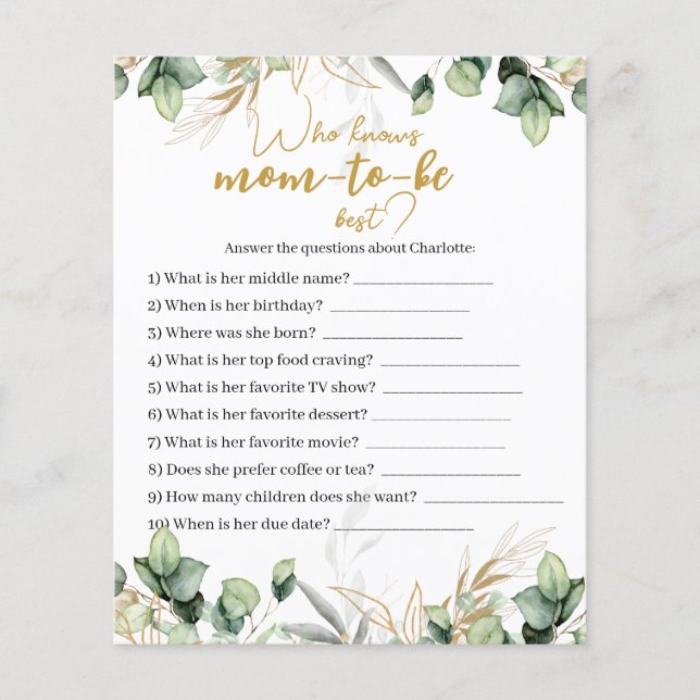 Eucalyptus Greenery Baby Shower Game Card (Front)