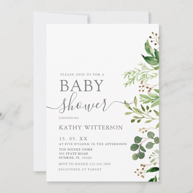 Eucalyptus Greenery Baby Shower   Invitation (Front)