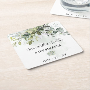 Eucalyptus Greenery Baby Shower Square Paper Coaster